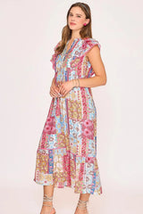 Umgee Full Size Tie Neck Double Layered Ruffle Sleeve Midi Dress Plus Size OutfitFlow