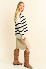 Outfit Flow - Davi & Dani High-Low Side Slit Striped Johnny Collar Sweater