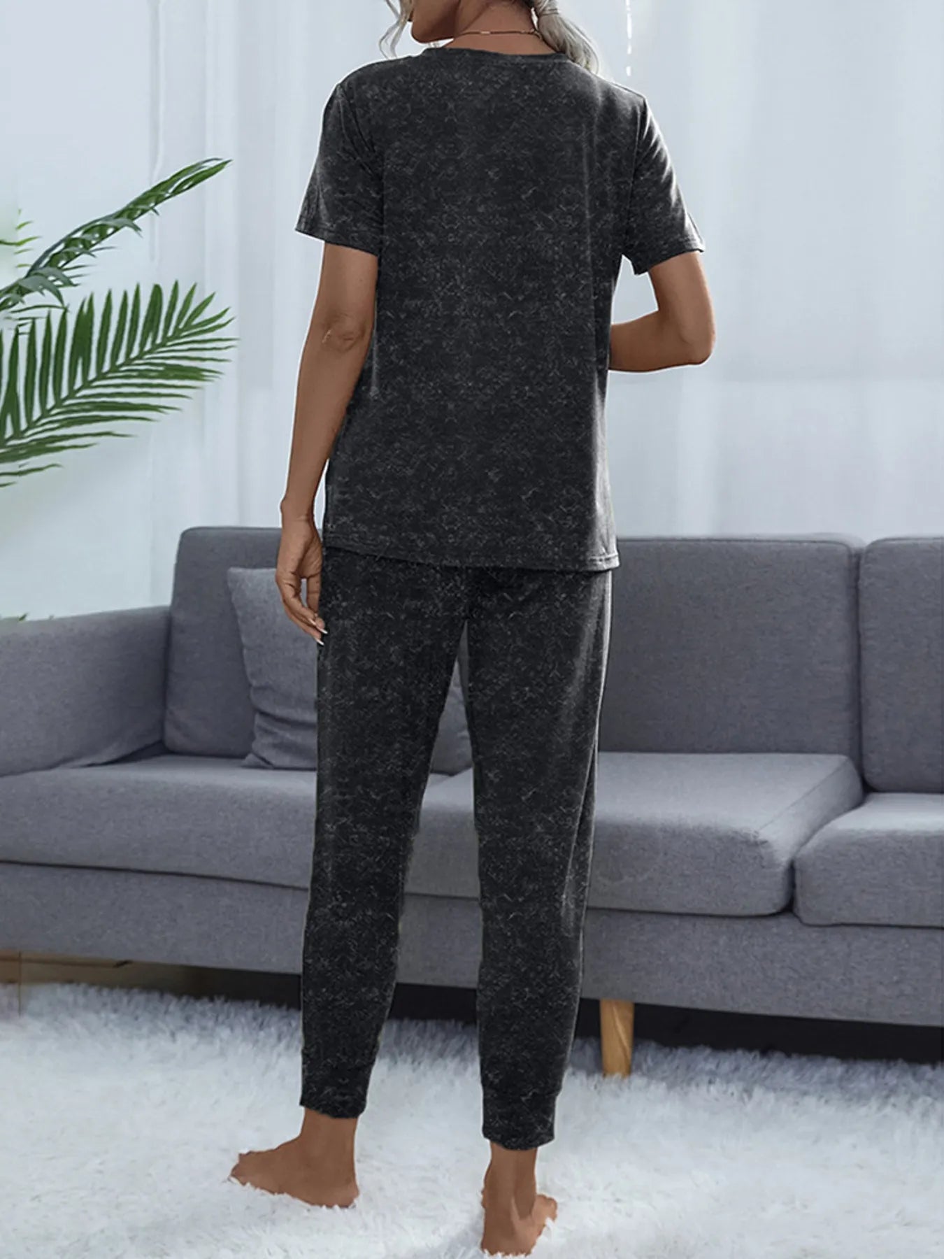 Round Neck Short Sleeve Top and Pants Lounge Set OutfitFlow