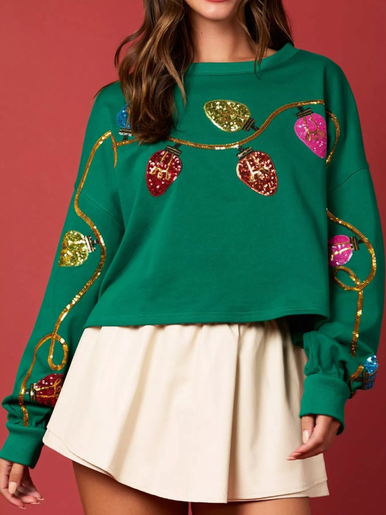 Christmas Holiday Lights Sequin Embellished Sweatshirt Green OutfitFlow