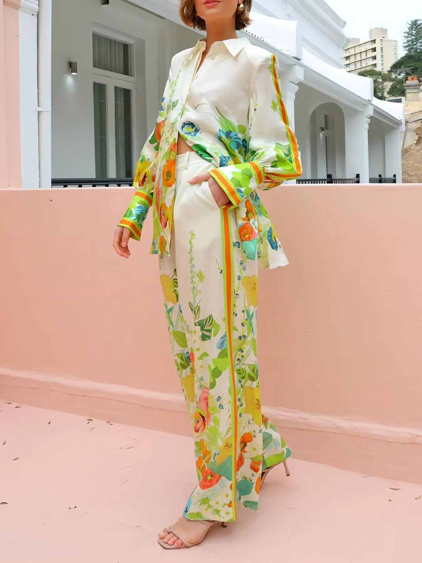 Printed Tie Back Shirt and Pants Set OutfitFlow