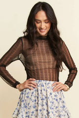 Davi & Dani Turtle Neck Lace Dotted Stretch Mesh Sheer Top OutfitFlow