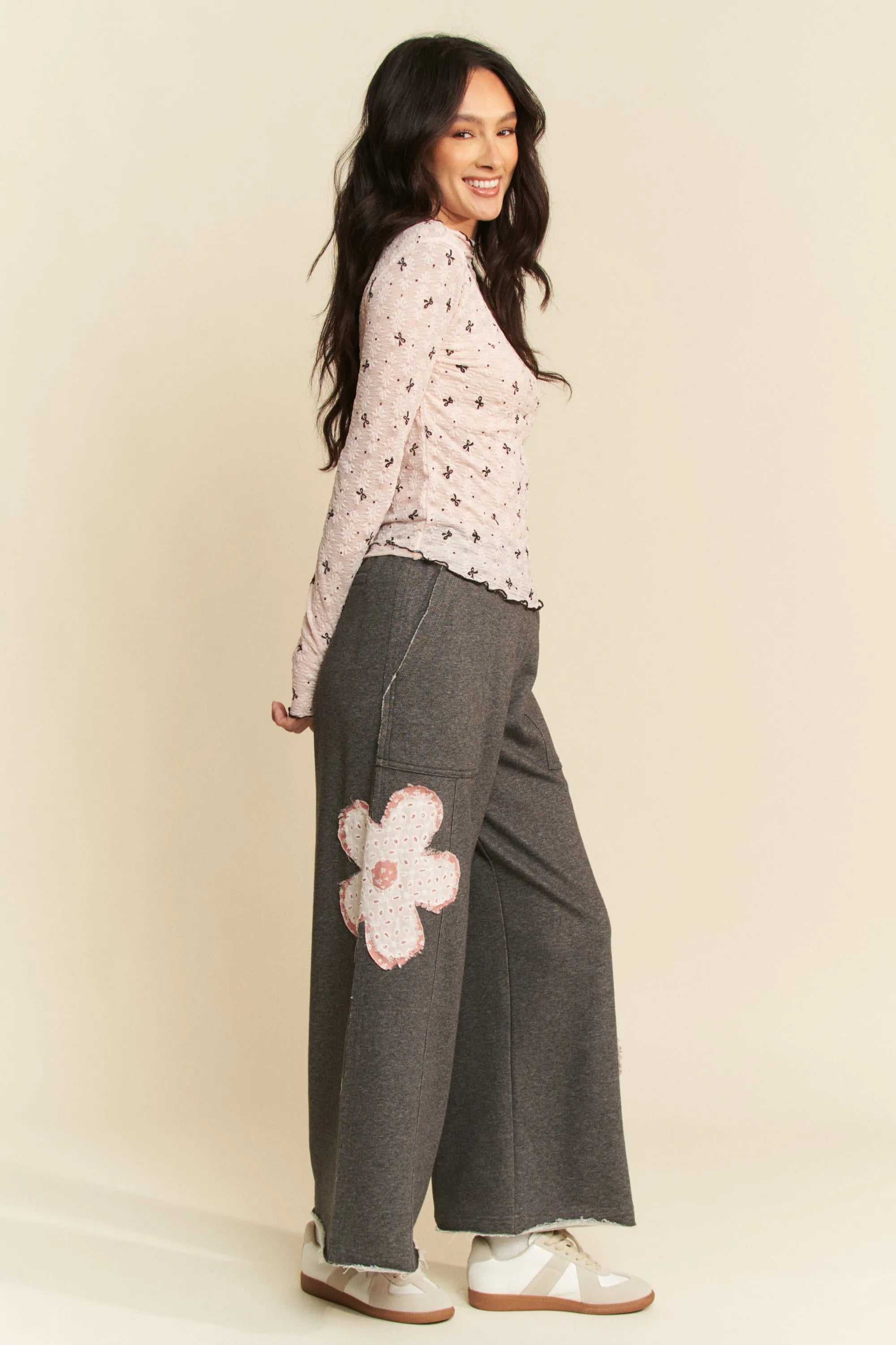 Davi & Dani Ribbon Bow Lace Hem Long Sleeve Mesh Layering Top OutfitFlow