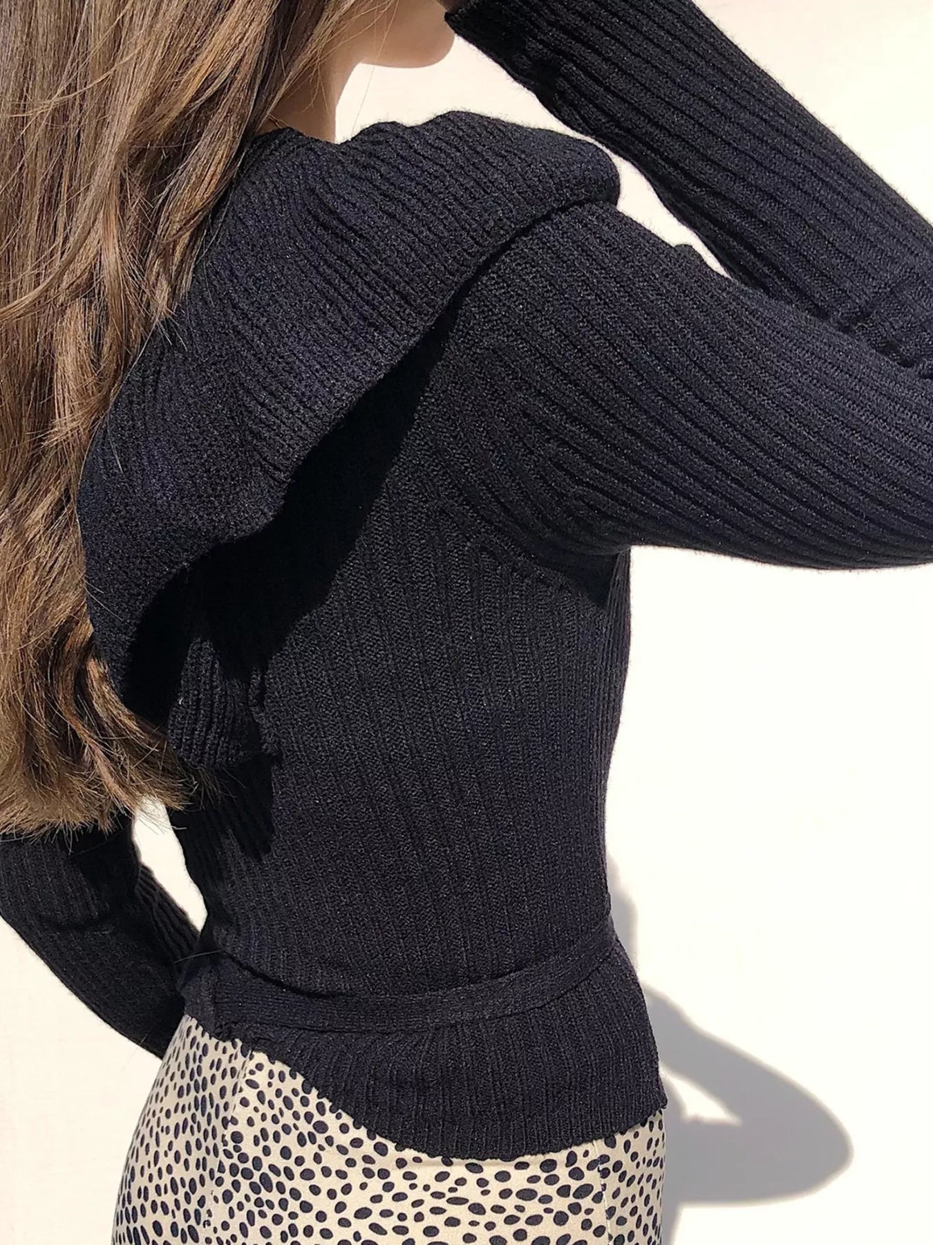 Ruffled Surplice Long Sleeve Knit Top OutfitFlow