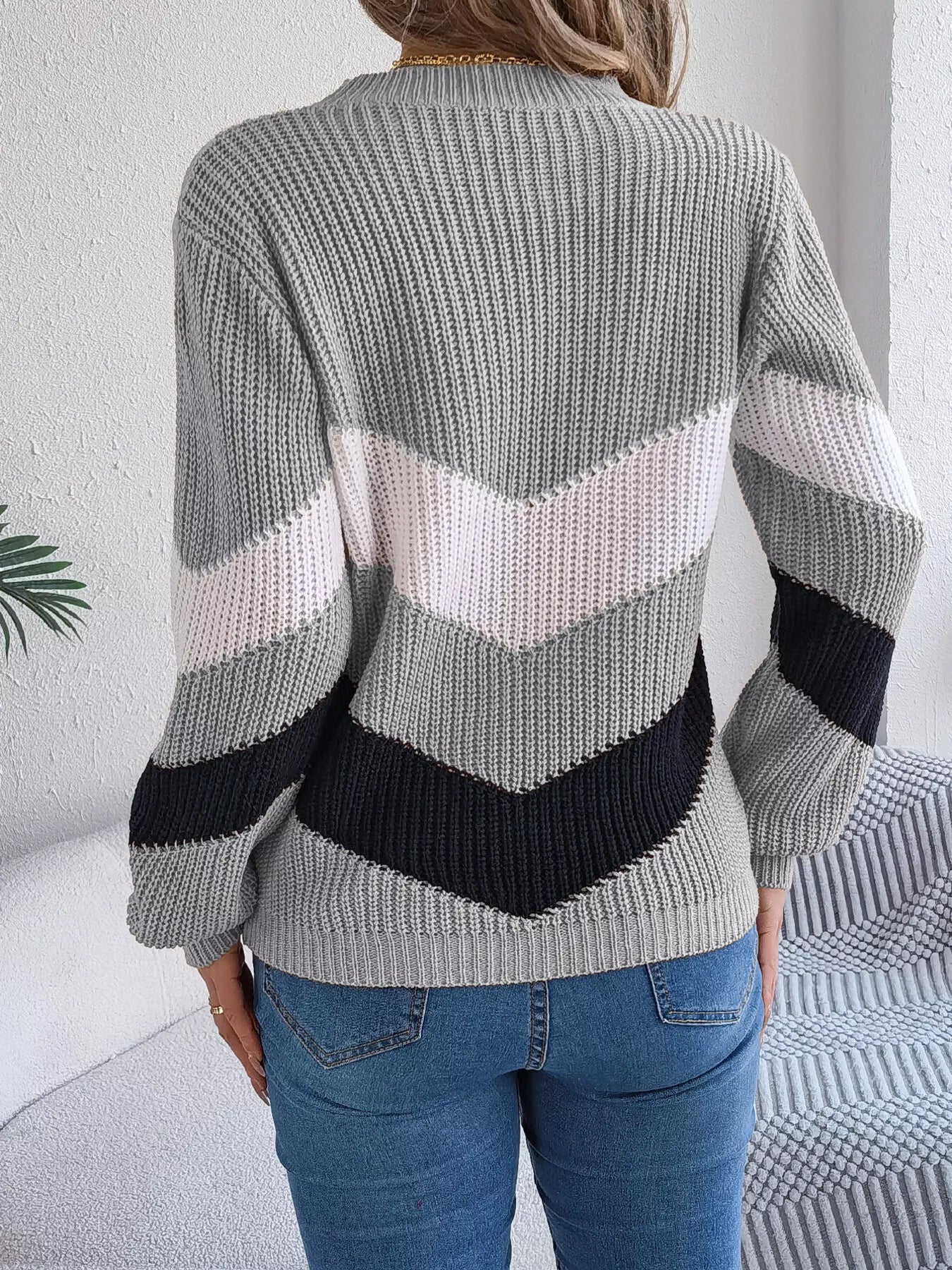 Chevron Stripe Color Block Round Neck Sweater Grey OutfitFlow