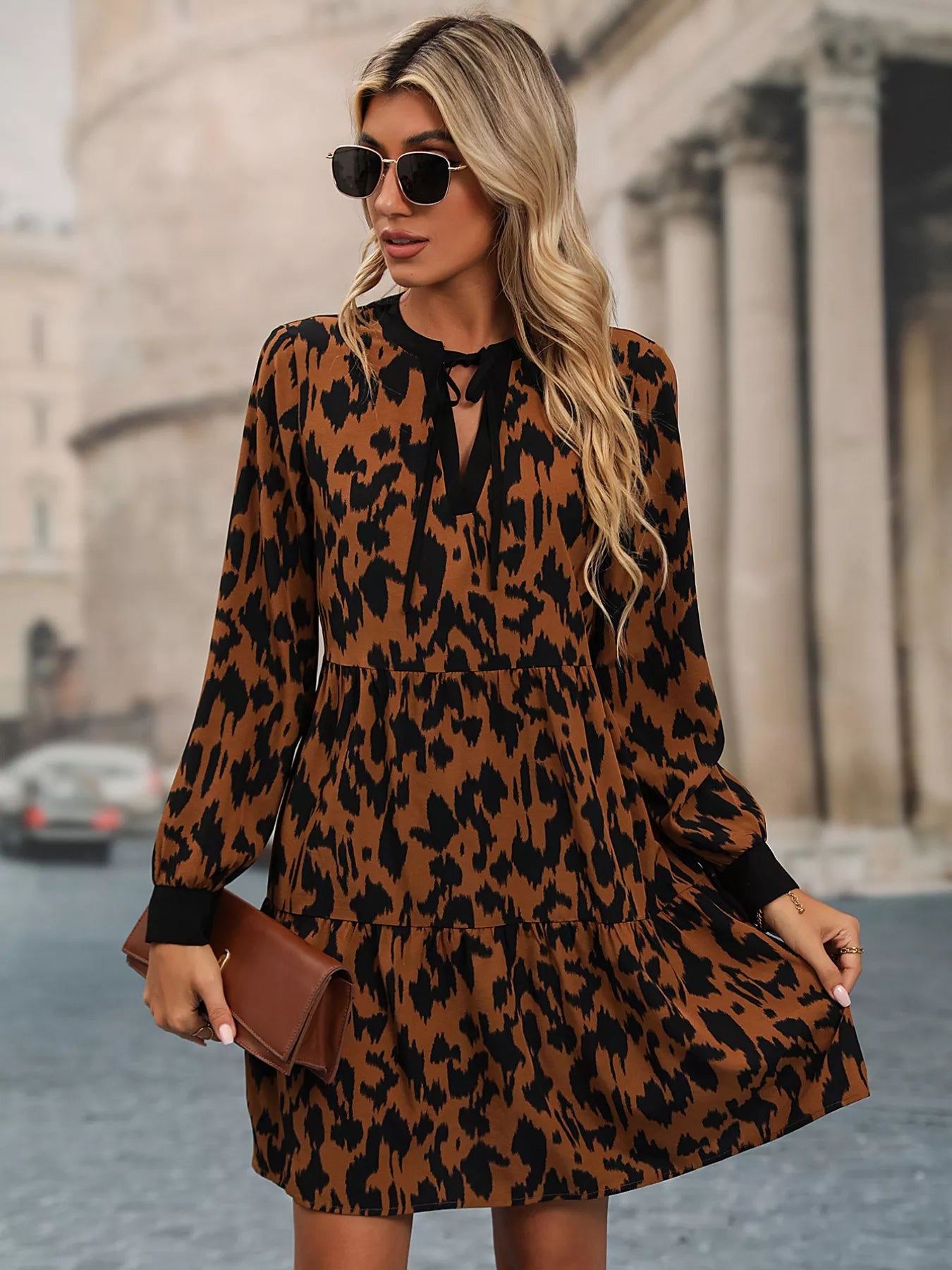 Leopard Tie Neck Long Sleeve Dress OutfitFlow