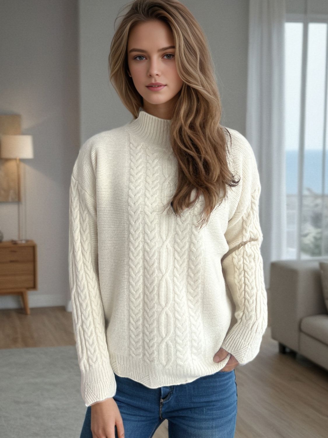 Outfit Flow - Cable-Knit Mock Neck Dropped Shoulder Sweater