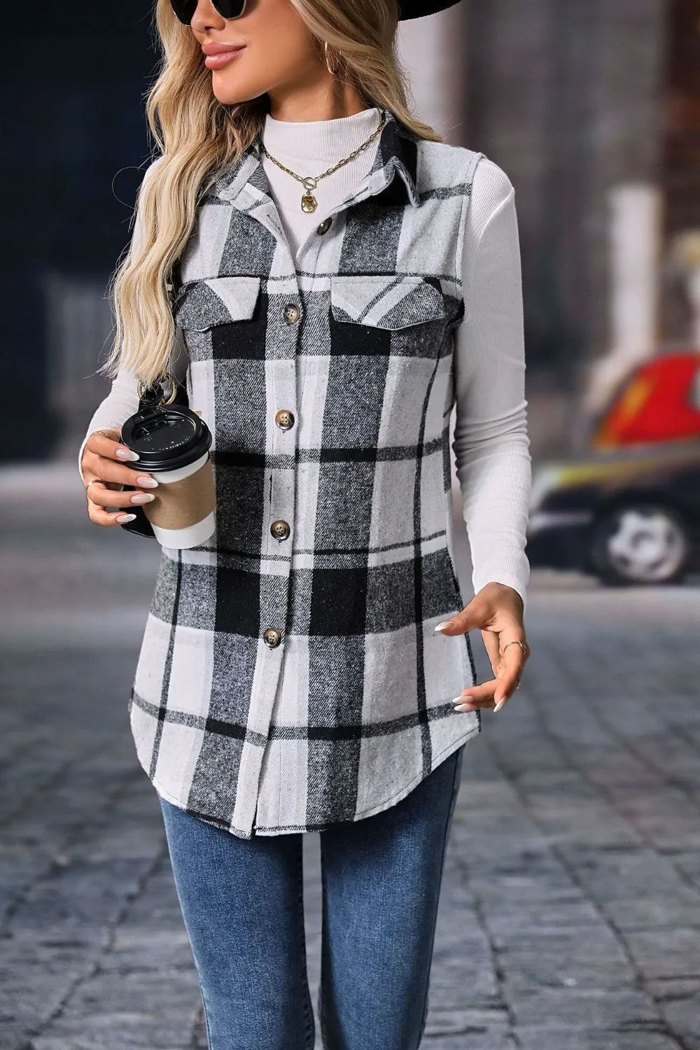 Plaid Button Up Vest Coat Trendsi