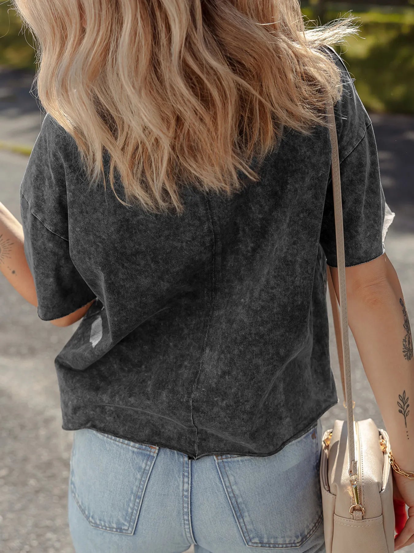 Floral Embroidered Mineral Wash Crew Neck T Shirt OutfitFlow