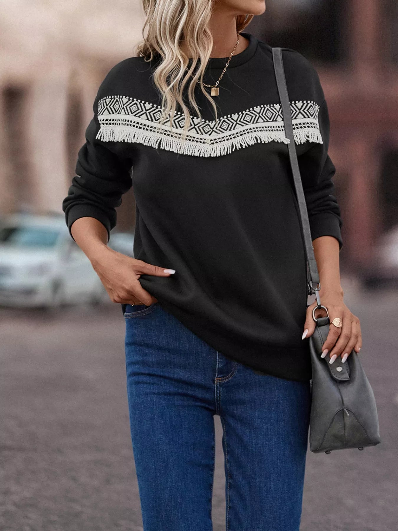 Fringe Trim Crew Neck Sweatshirt Trendsi