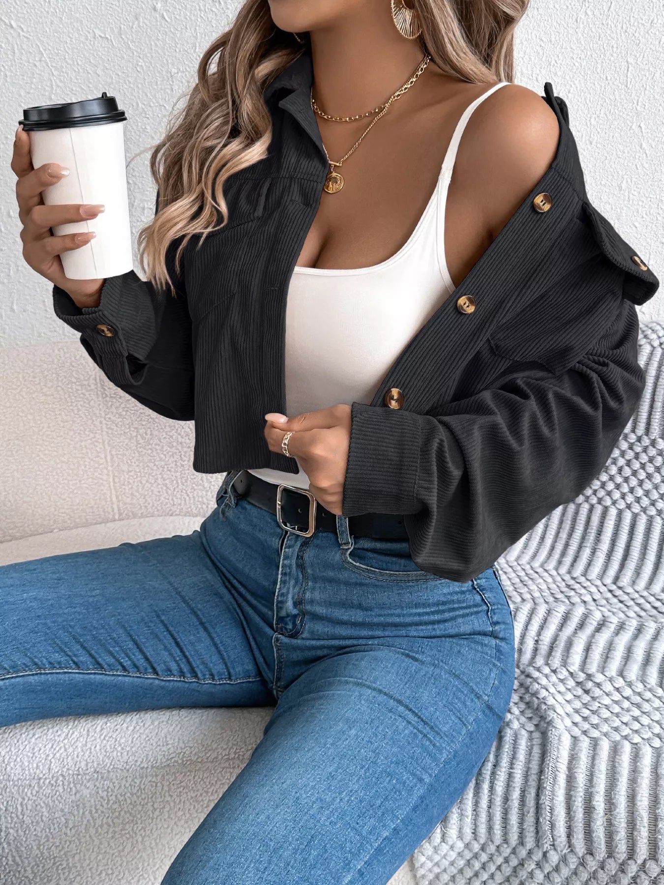 Corduroy Button-Up Dropped Shoulder Jacket Trendsi