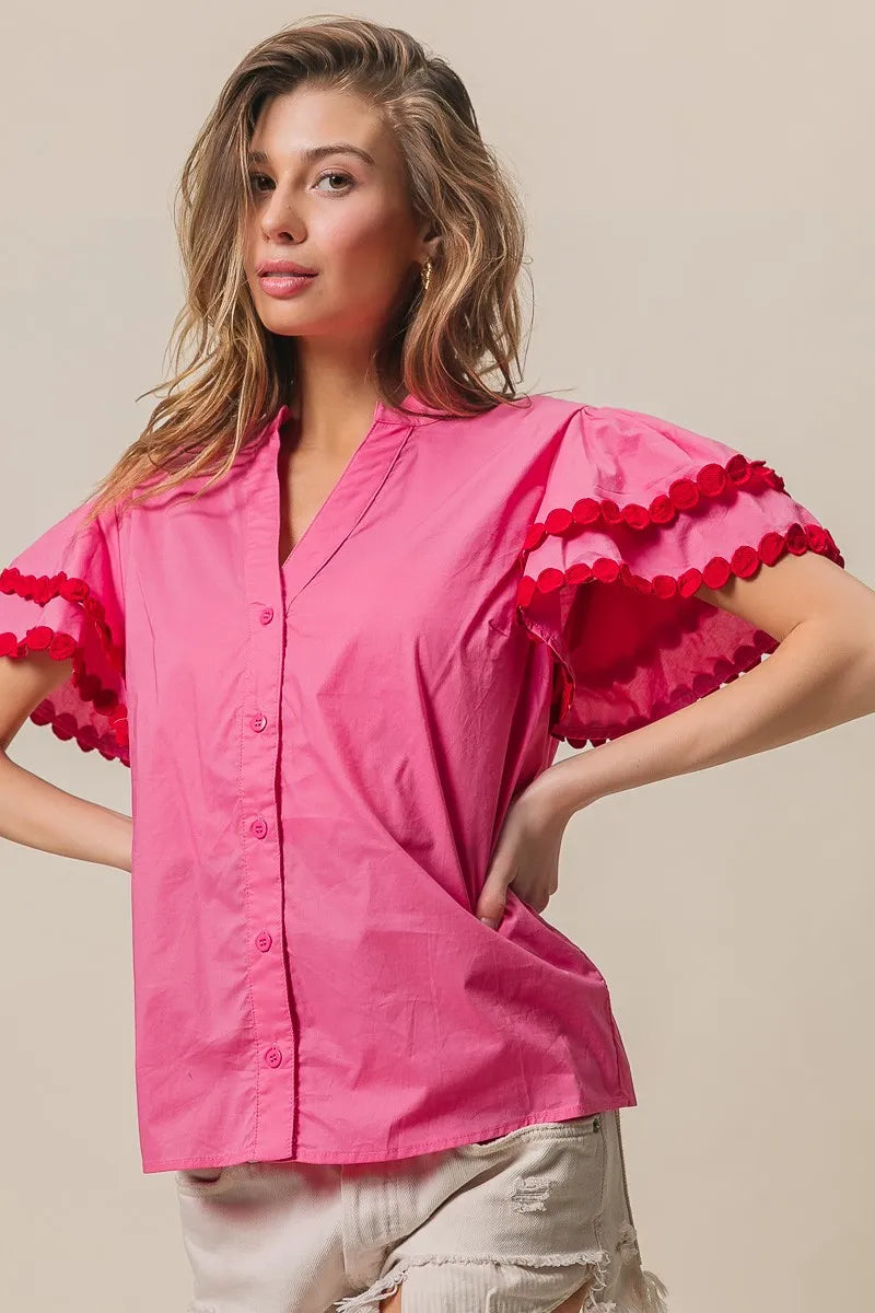 BiBi Dot Trim Flutter Sleeve Notched Top OutfitFlow