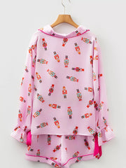 Nutcracker Print Contrast Trim Top and Shorts Pajama Set OutfitFlow