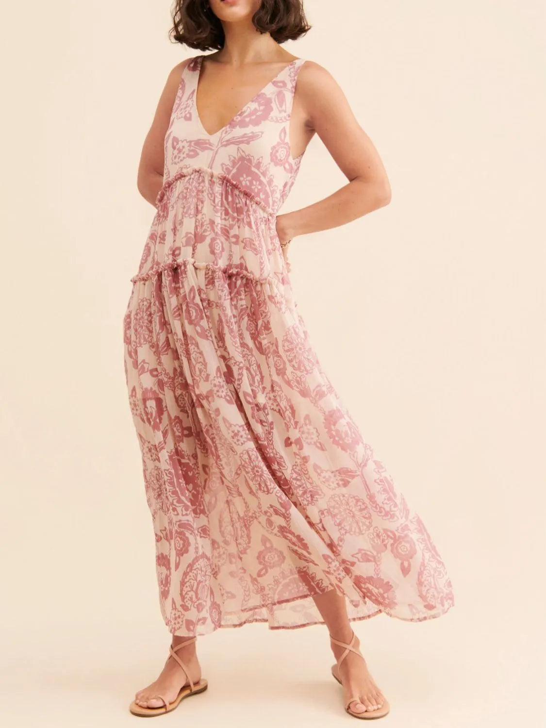 Printed V-Neck Sleeveless Dress Dusty Pink OutfitFlow