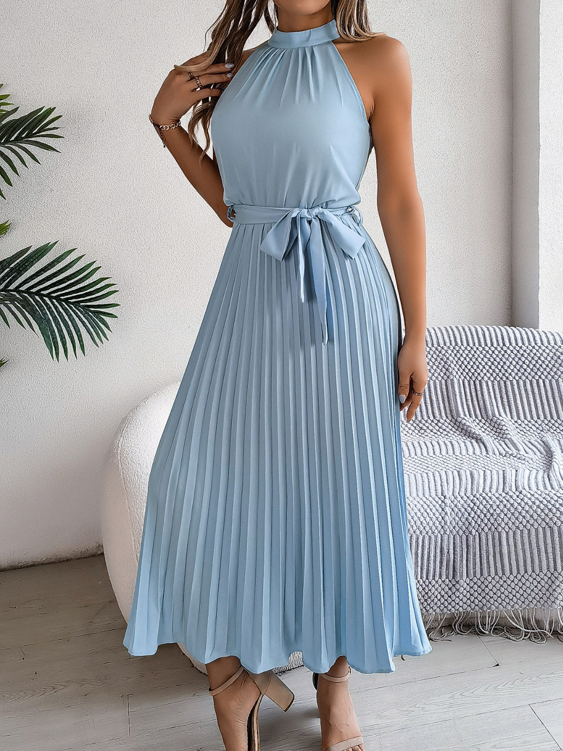 Grecian Neck Tie Waist Pleated Dress OutfitFlow