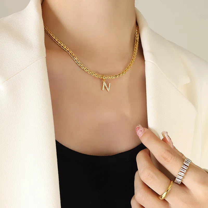 Brass Inlaid Zircon Letter Pendant Necklace Style N One Size OutfitFlow