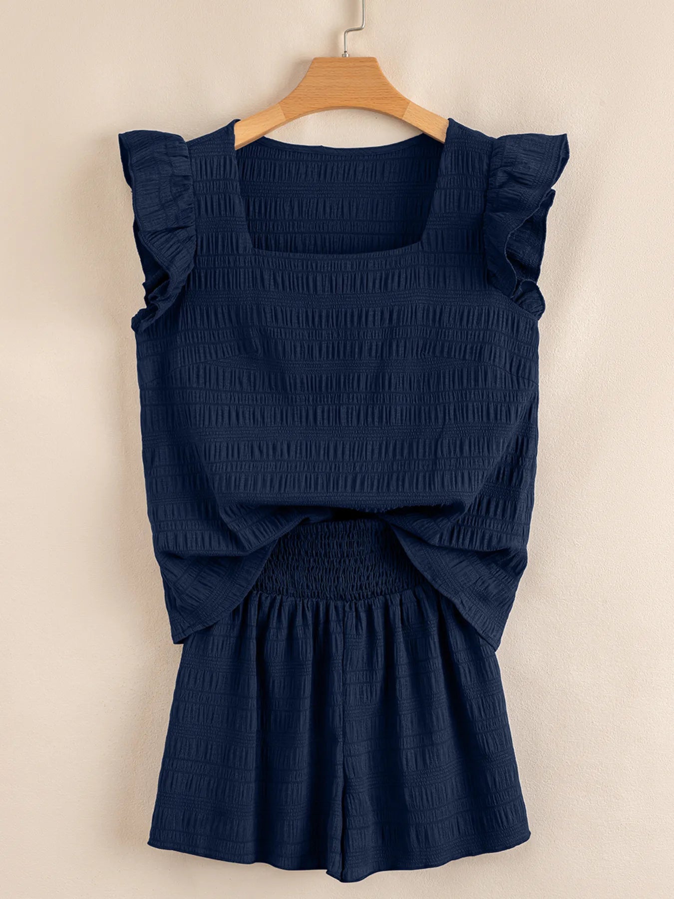 Textured Square Neck Top and Shirred High Waist Shorts Set OutfitFlow