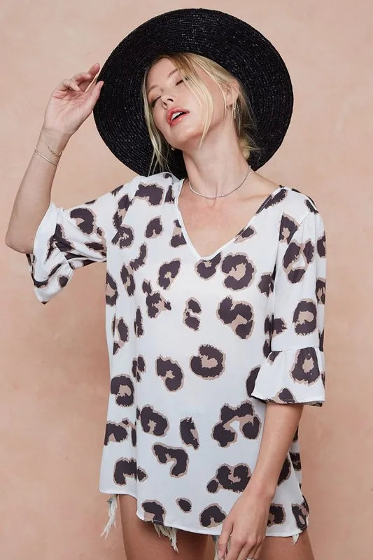 BiBi Leopard Printed V Neck Woven Top with Ruffled OutfitFlow
