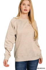 Zenana Acid Washed Fleece Sweatshirt with Side Rib ASH MOCHA Trendsi