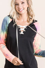 BiBi French Terry Lace Up Hoodie With Tie Dye Sleeves BLACK CHARCOAL TIEDY Trendsi