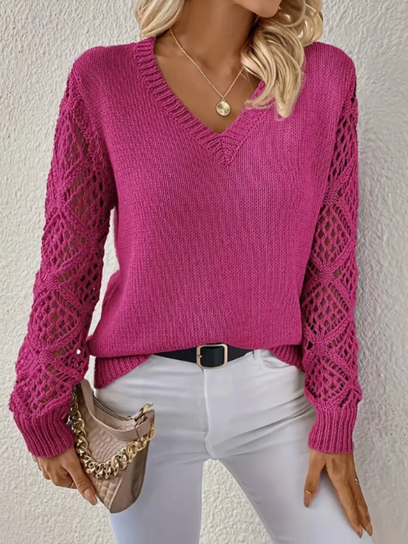 Openwork V-Neck Long Sleeve Sweater Deep Rose OutfitFlow