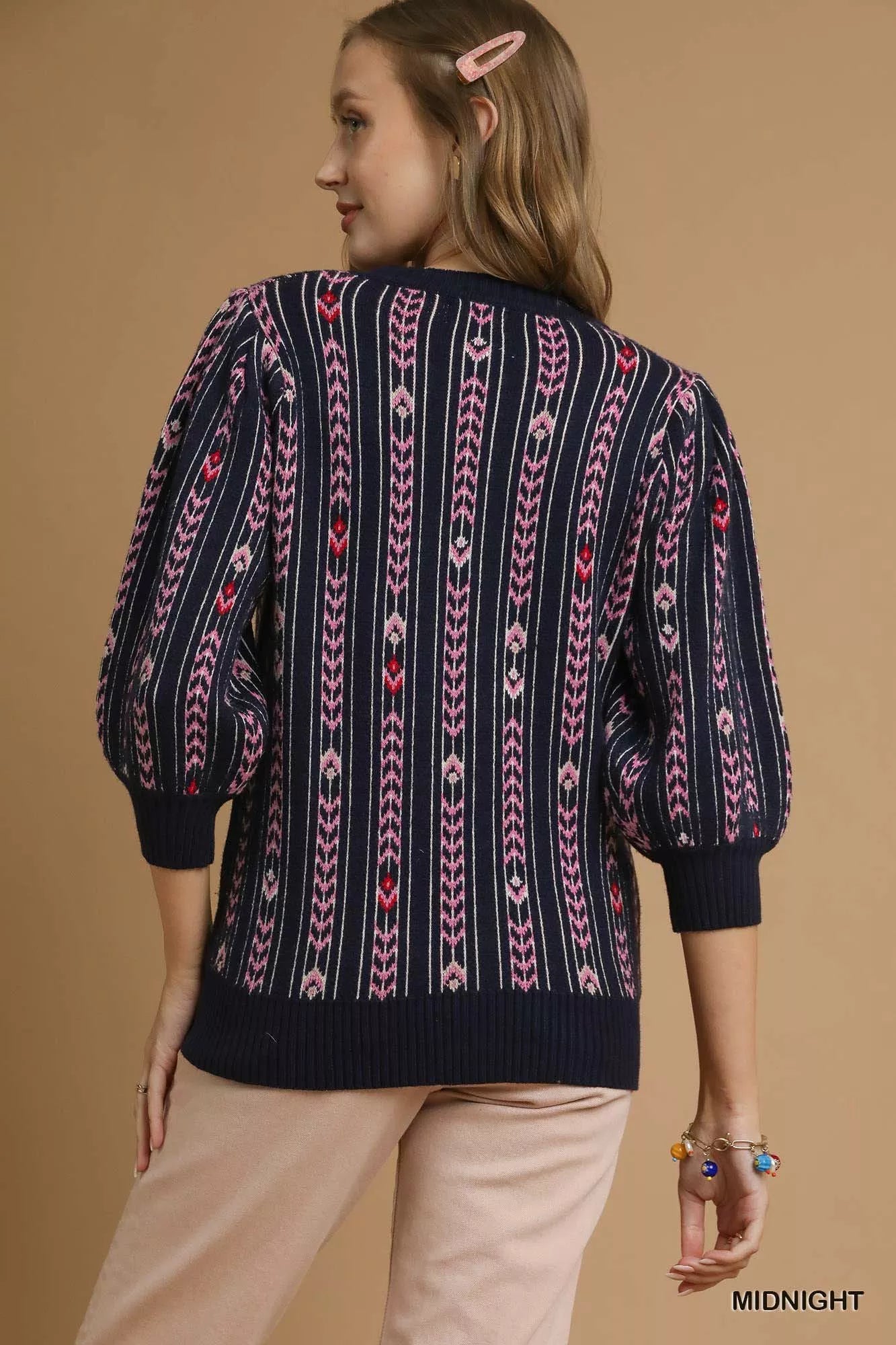 Umgee Jacquard Knit Puff Sleeve Sweater OutfitFlow