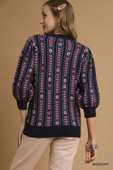 Umgee Jacquard Knit Puff Sleeve Sweater OutfitFlow