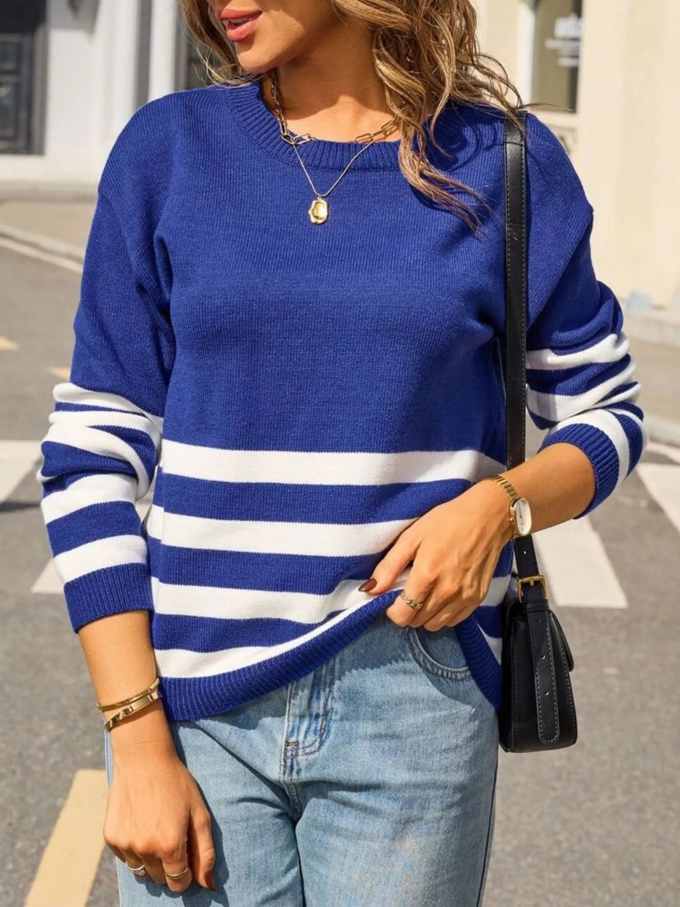 Striped Trim Crew Neck Sweater Trendsi