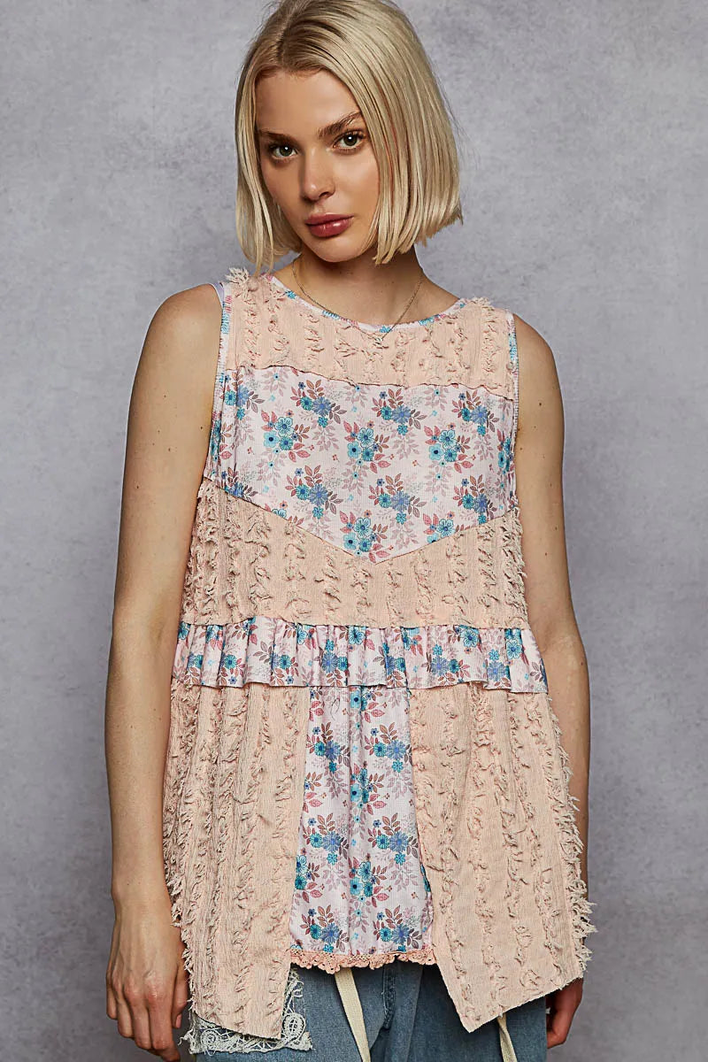POL Floral Textured Round Neck Sleeveless Top OutfitFlow