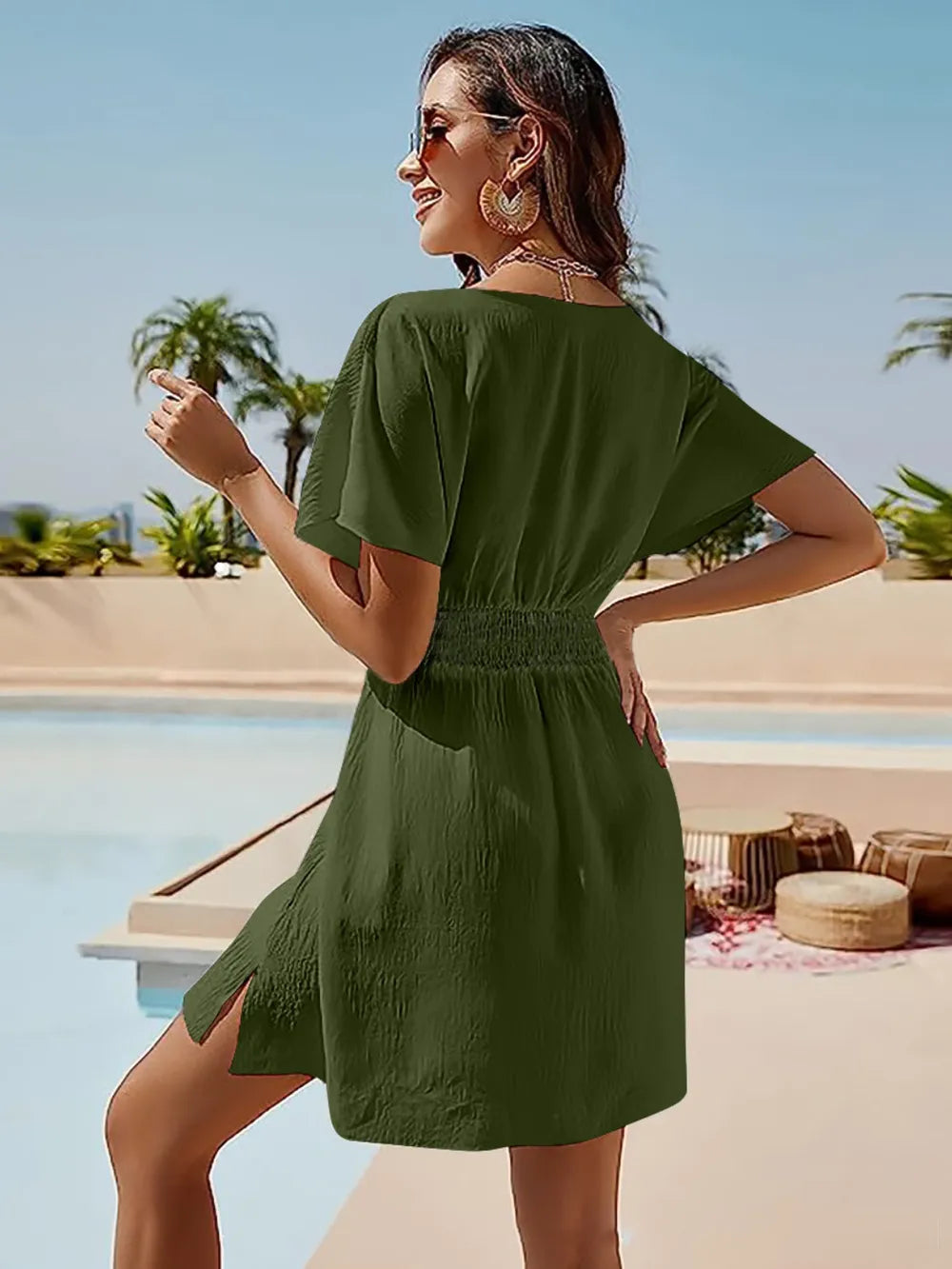 Smocked V-Neck Short Sleeve Dress OutfitFlow