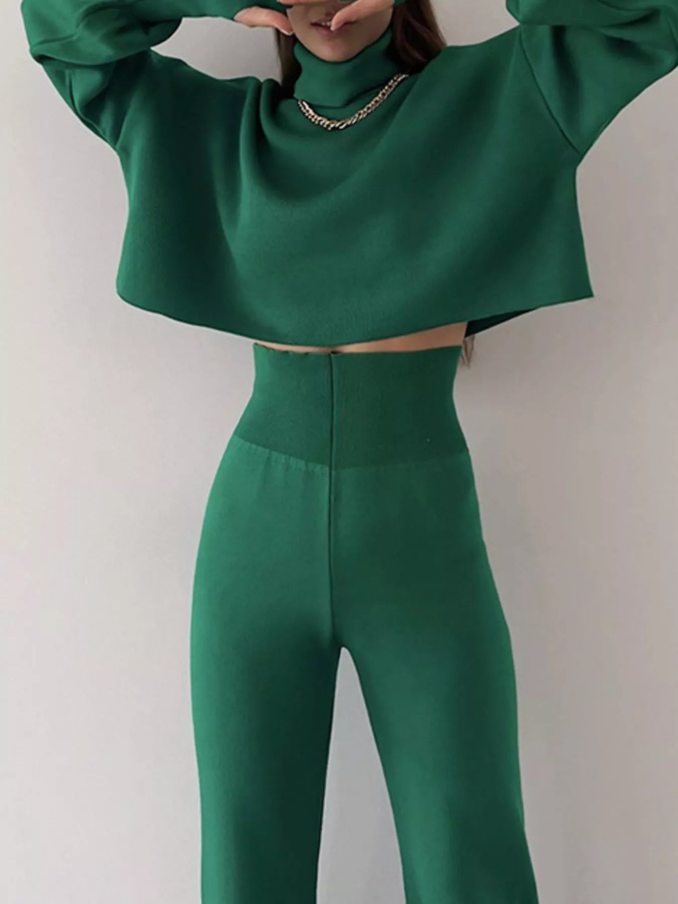 Turtleneck Long Sleeve Top & Pants Set Green OutfitFlow