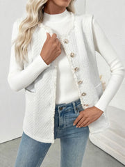 Textured Button-Front Vest with Raw Edge OutfitFlow