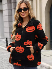 Outfit Flow - Jack-O'-Lantern Half Zip Long Sleeve Sweatshirt