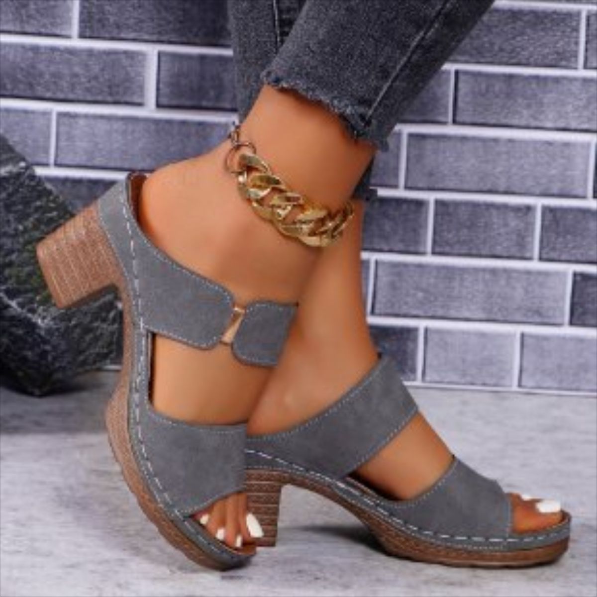 Open Toe Block Heels Sandals Gray OutfitFlow