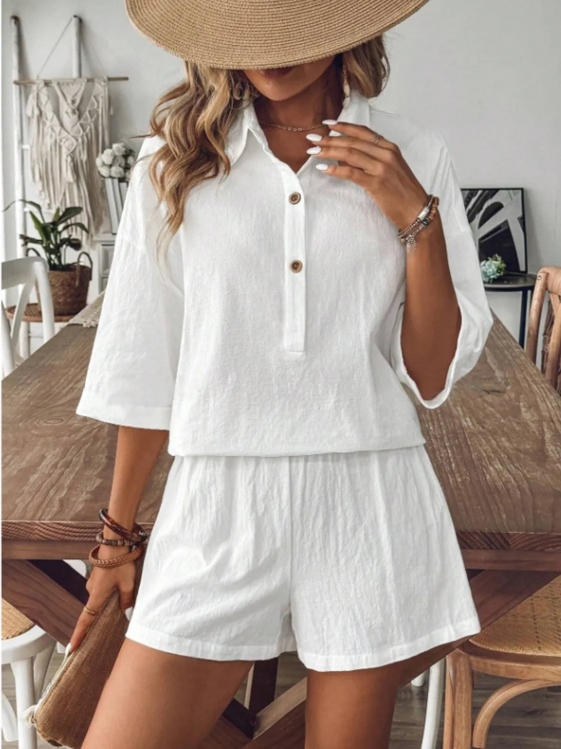 Collared Neck Half Sleeve Top and Shorts Set OutfitFlow