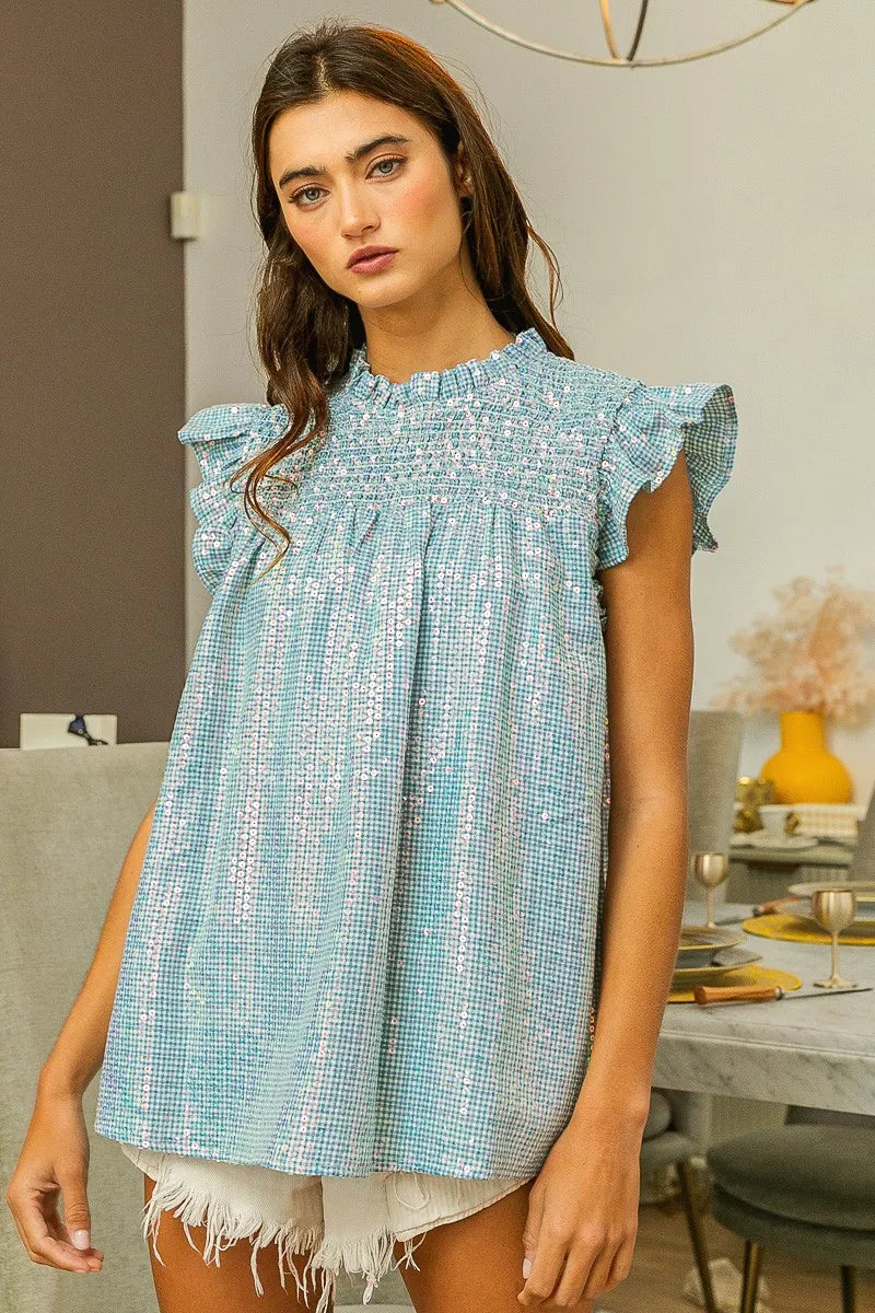BiBi Clear Sequin All-over Gingham Smocked Top OutfitFlow