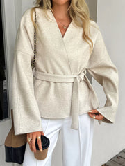 Surplice Dropped Shoulder Tie Belt Outerwear Apricot Trendsi