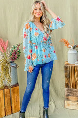 And The Why Floral Print Draw String Bell Sleeve Top OutfitFlow