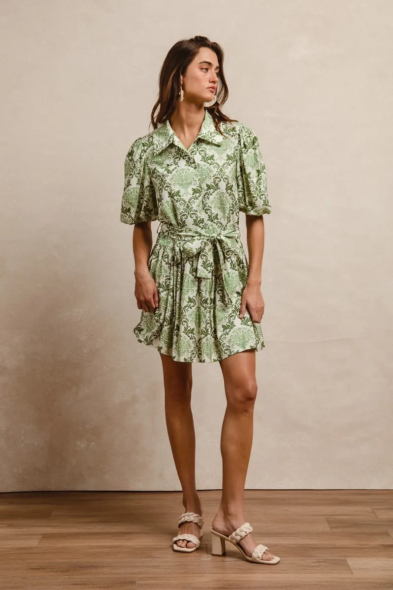 BiBi Tied Floral Short Sleeve Mini Shirt Dress OutfitFlow