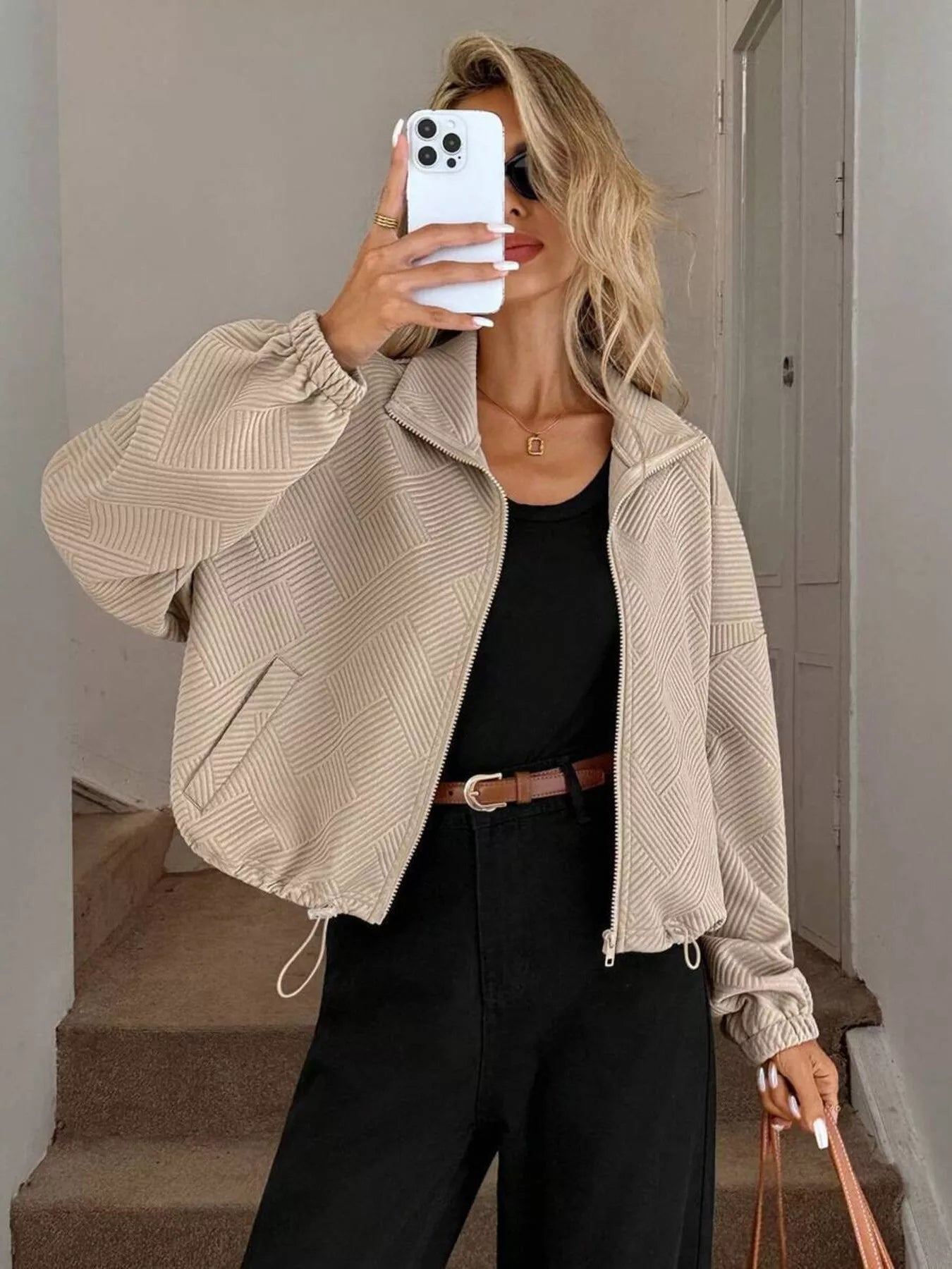 Drawstring Hem Textured Long Sleeve Jacket OutfitFlow