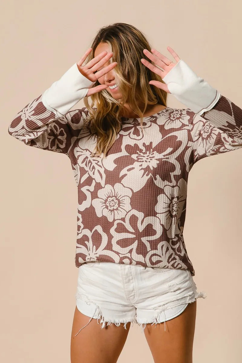BiBi Flower Printed Waffle Thumb Opening Top OutfitFlow