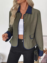 Contrast Trim Button-Up Jacket Green Trendsi