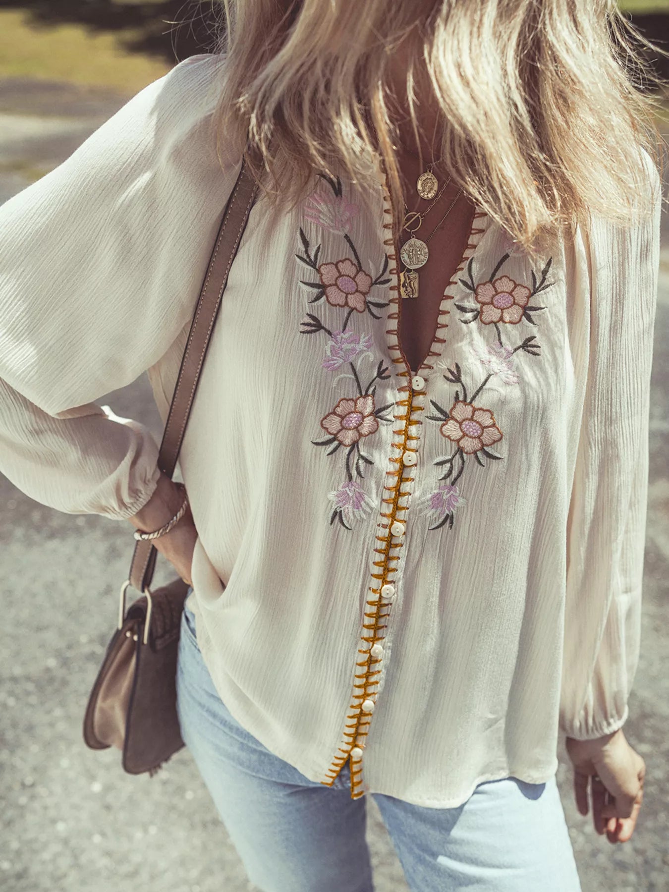 Floral Embroidered Textured Puff Sleeve Loose Shirt OutfitFlow