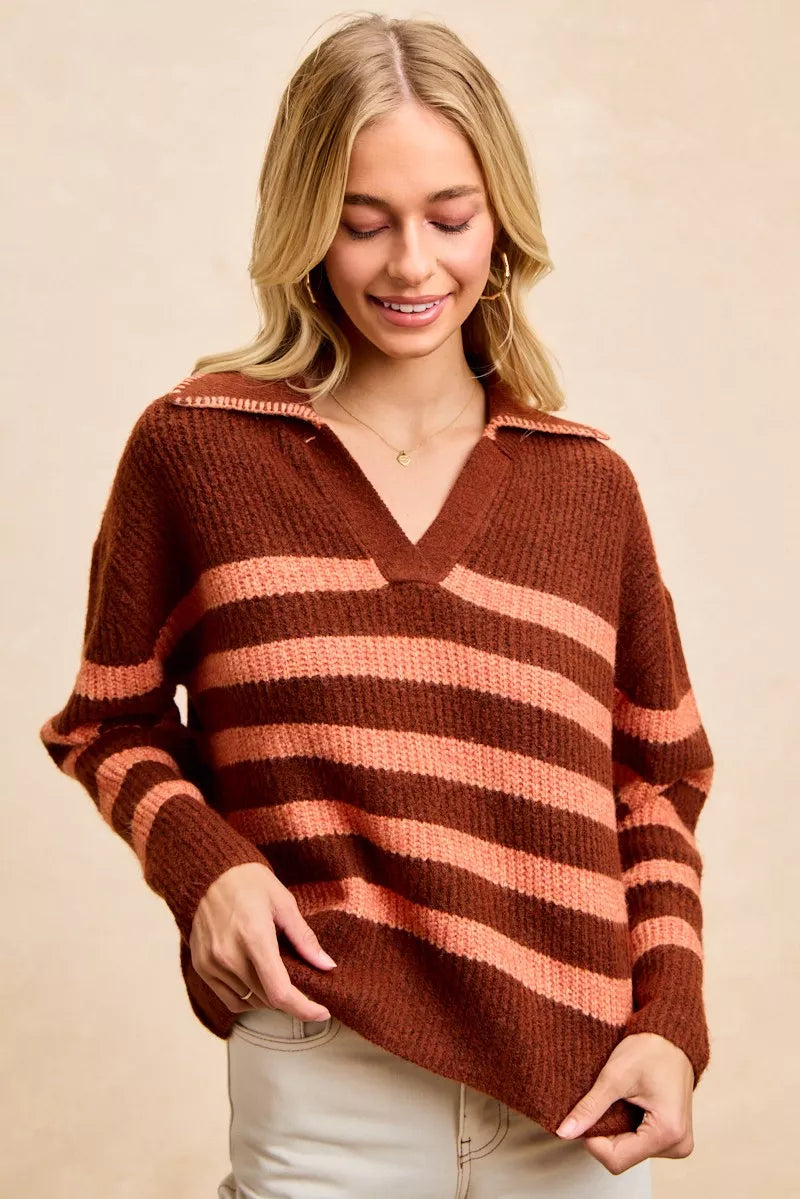 BiBi Striped Sweater Top with Collar Stitched Details BRICK TERRACOTTA Trendsi