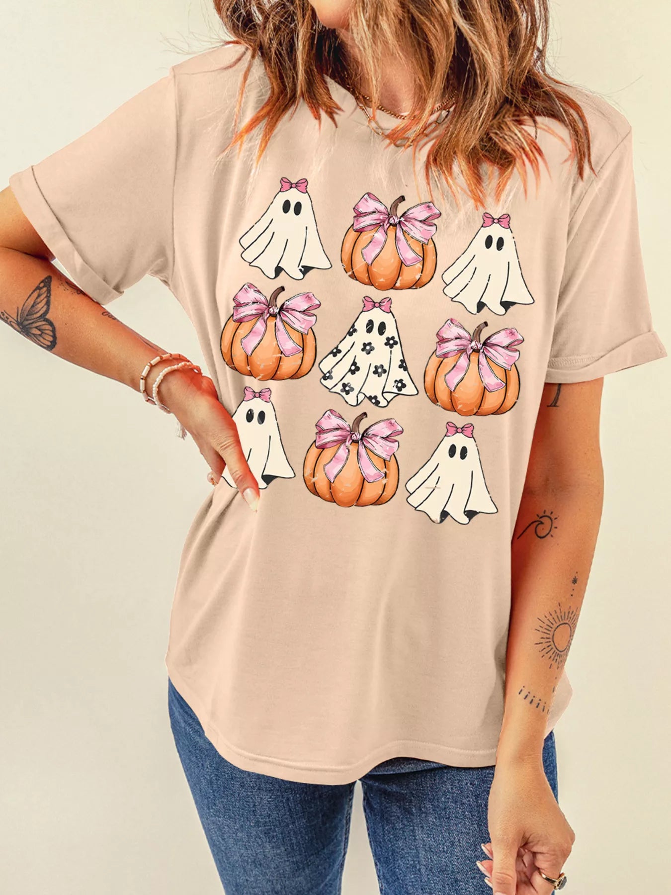 Halloween Bowknot Ghost Pumpkin Graphic T Shirt OutfitFlow