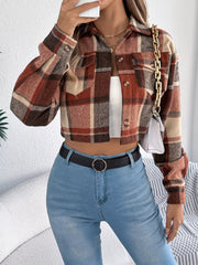 Plaid Button Up Cropped Jacket Trendsi