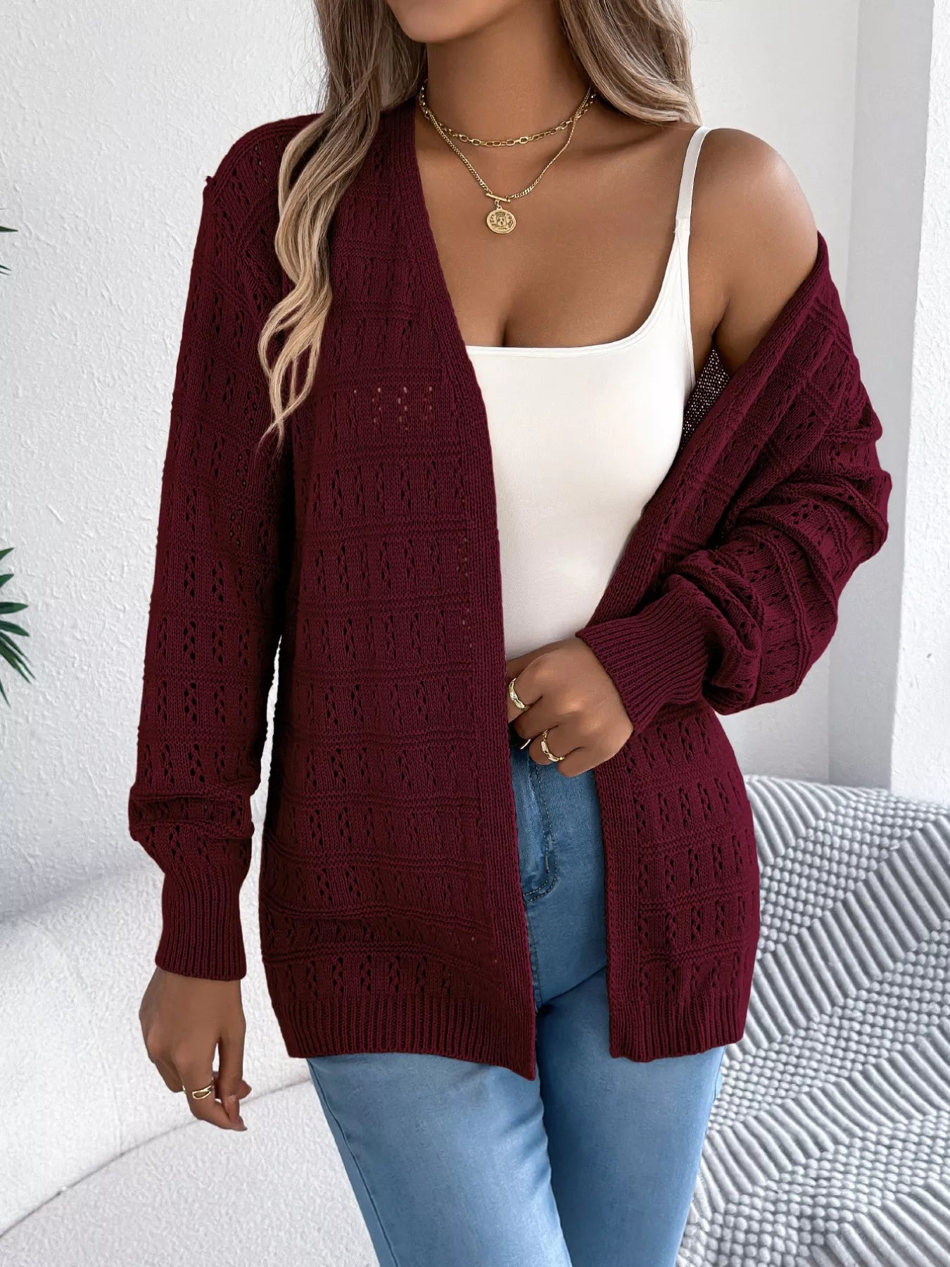 Open-Front Crochet Knit Cardigan OutfitFlow