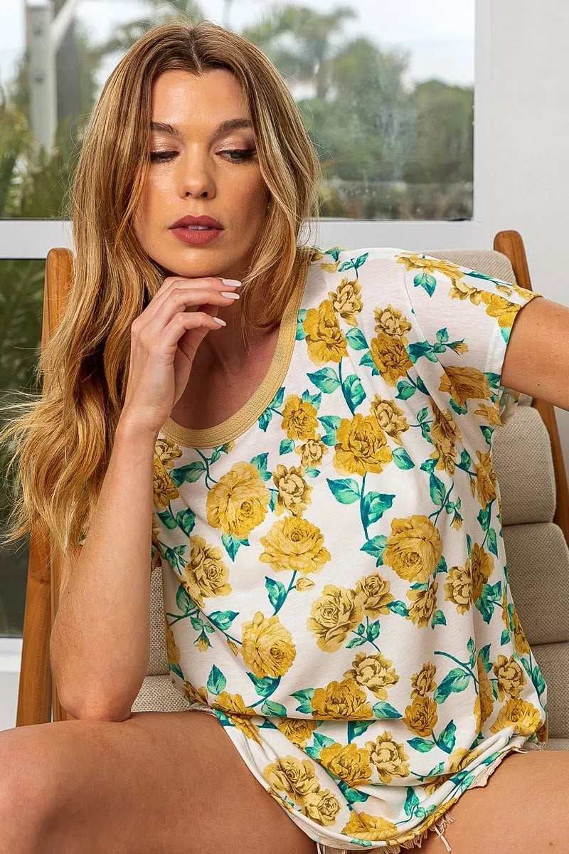 BiBi Rose Print Thermal Neck Binding Dolman Sleeves Top OutfitFlow