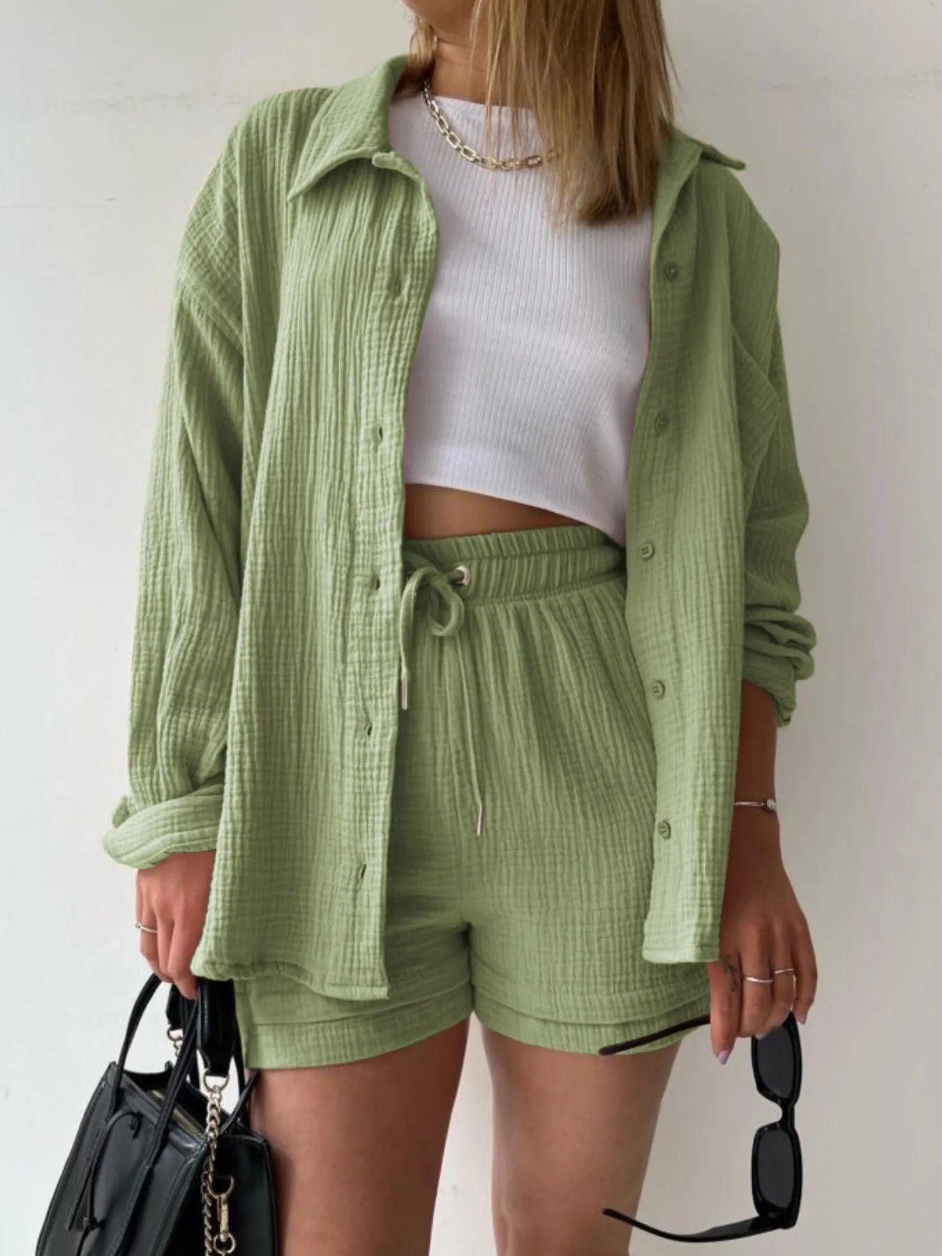 Textured Button Up Shirt and Shorts Set OutfitFlow