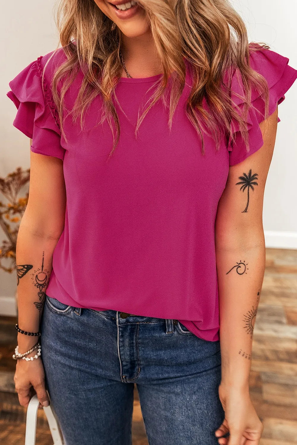 Short Ruffle Sleeve Round Neck Blouse OutfitFlow